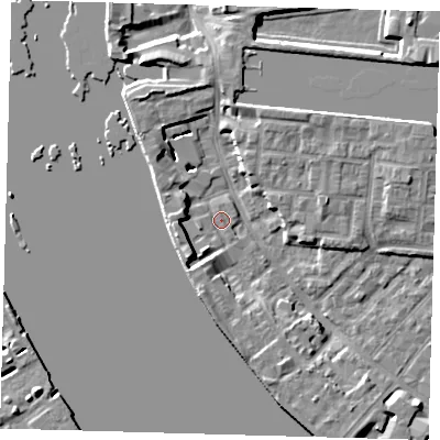 Shaded relief map of the ground around E143UA, computed from Environment Agency LiDAR. The ground here sits at about 2 m above sea level and falls 8 m across the surrounding 800 m. Surface water reaching this point runs off ground lying to the south-west, 5.3 m higher.