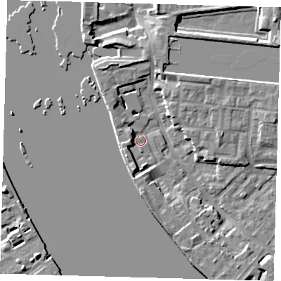 Shaded relief map of the ground around E143UD, computed from Environment Agency LiDAR. The ground here sits at about 2 m above sea level and falls 8 m across the surrounding 800 m. Surface water reaching this point runs off ground lying to the south-south-west, 5.4 m higher.