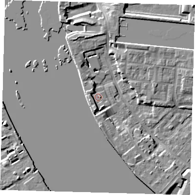 Shaded relief map of the ground around E143UG, computed from Environment Agency LiDAR. The ground here sits at about 2 m above sea level and falls 8 m across the surrounding 800 m. Surface water reaching this point runs off ground lying to the west-north-west, 3.5 m higher.