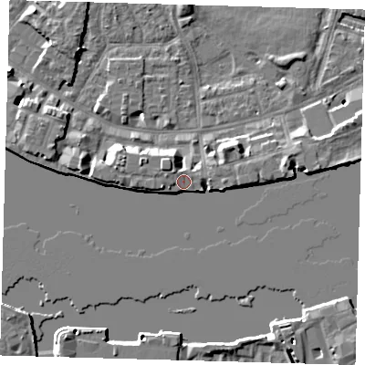 Shaded relief map of the ground around E143WA, computed from Environment Agency LiDAR. The ground here sits at about 5 m above sea level and falls 7 m across the surrounding 800 m. Surface water reaching this point runs off ground lying to the west-south-west, 3.7 m higher.