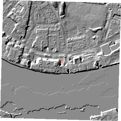 Shaded relief map of the ground around E143WB, computed from Environment Agency LiDAR. The ground here sits at about 3 m above sea level and falls 7 m across the surrounding 800 m. Surface water reaching this point runs off ground lying to the south-south-west, 3.7 m higher.