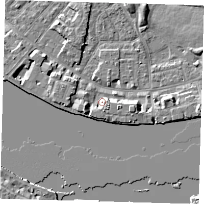Shaded relief map of the ground around E143WG, computed from Environment Agency LiDAR. The ground here sits at about 5 m above sea level and falls 7 m across the surrounding 800 m. Surface water reaching this point runs off ground lying to the west-south-west, 4.1 m higher.