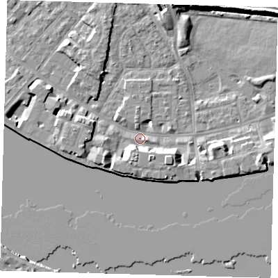 Shaded relief map of the ground around E143WH, computed from Environment Agency LiDAR. The ground here sits at about 3 m above sea level and falls 8 m across the surrounding 800 m. Surface water reaching this point runs off ground lying to the south-west, 6.8 m higher.