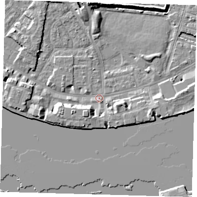 Shaded relief map of the ground around E143WJ, computed from Environment Agency LiDAR. The ground here sits at about 3 m above sea level and falls 8 m across the surrounding 800 m. Surface water reaching this point runs off ground lying to the south-south-west, 4.0 m higher.