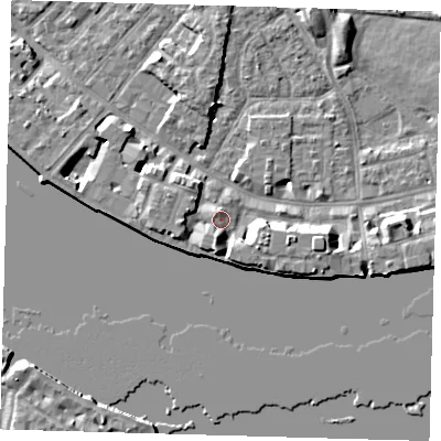 Shaded relief map of the ground around E143WN, computed from Environment Agency LiDAR. The ground here sits at about 5 m above sea level and falls 7 m across the surrounding 800 m. Surface water reaching this point runs off ground lying to the south-south-west, 2.7 m higher.