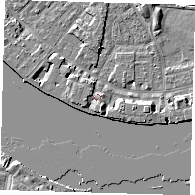 Shaded relief map of the ground around E143WW, computed from Environment Agency LiDAR. The ground here sits at about 5 m above sea level and falls 7 m across the surrounding 800 m. Surface water reaching this point runs off ground lying to the south-south-east, 2.9 m higher.