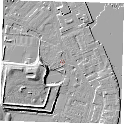 Shaded relief map of the ground around E143XB, computed from Environment Agency LiDAR. The ground here sits at about 3 m above sea level and falls 12 m across the surrounding 800 m. Surface water reaching this point runs off ground lying to the west-north-west, 1.0 m higher.