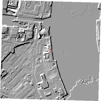 Shaded relief map of the ground around E143YH, computed from Environment Agency LiDAR. The ground here sits at about 5 m above sea level and falls 11 m across the surrounding 800 m. Surface water reaching this point runs off ground lying to the south-south-east, 4.2 m higher.
