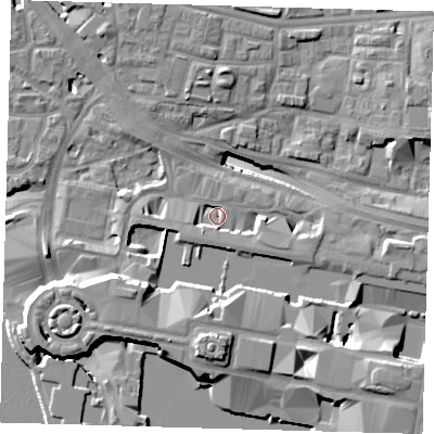 Shaded relief map of the ground around E144AE, computed from Environment Agency LiDAR. The ground here sits at about 3 m above sea level and falls 19 m across the surrounding 800 m. Surface water reaching this point runs off ground lying to the east-south-east, 5.0 m higher.