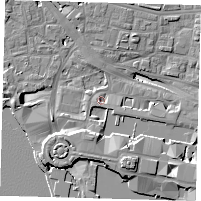 Shaded relief map of the ground around E144AL, computed from Environment Agency LiDAR. The ground here sits at about 3 m above sea level and falls 19 m across the surrounding 800 m. Surface water reaching this point runs off ground lying to the south-east, 2.2 m higher.