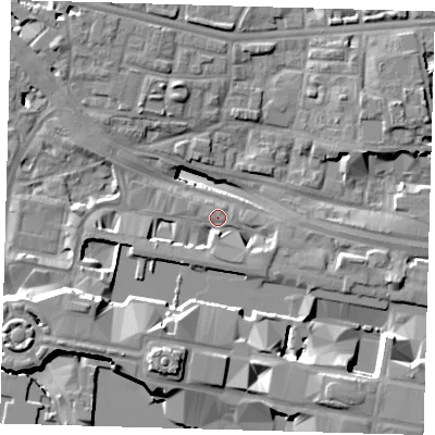 Shaded relief map of the ground around E144AW, computed from Environment Agency LiDAR. The ground here sits at about 4 m above sea level and falls 19 m across the surrounding 800 m. Surface water reaching this point runs off ground lying to the south, 5.0 m higher.