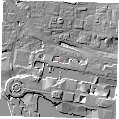 Shaded relief map of the ground around E144AZ, computed from Environment Agency LiDAR. The ground here sits at about 4 m above sea level and falls 19 m across the surrounding 800 m. Surface water reaching this point runs off ground lying to the east-south-east, 5.0 m higher.