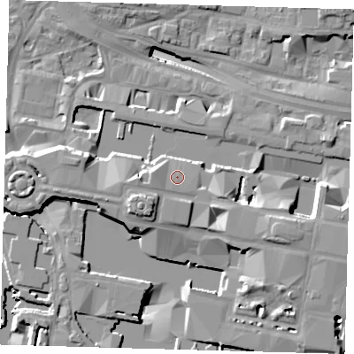 Shaded relief map of the ground around E144BF, computed from Environment Agency LiDAR. The ground here sits at about 8 m above sea level and falls 19 m across the surrounding 800 m. Surface water reaching this point runs off ground lying to the west, 2.9 m higher.
