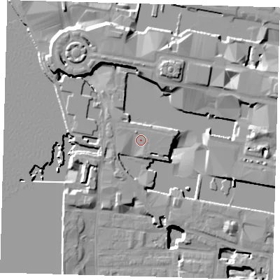 Shaded relief map of the ground around E144BG, computed from Environment Agency LiDAR. The ground here sits at about 6 m above sea level and falls 21 m across the surrounding 800 m. Surface water reaching this point runs off ground lying to the north-north-west, 1.7 m higher.