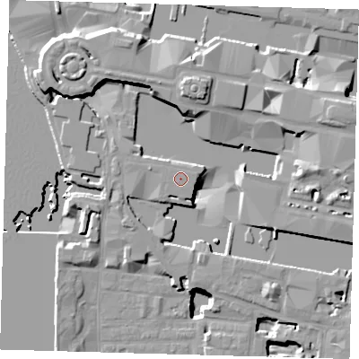 Shaded relief map of the ground around E144DE, computed from Environment Agency LiDAR. The ground here sits at about 6 m above sea level and falls 21 m across the surrounding 800 m. The ground contributing surface water to this point lies to the west-north-west.