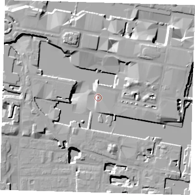 Shaded relief map of the ground around E144DF, computed from Environment Agency LiDAR. The ground here sits at about 7 m above sea level and falls 21 m across the surrounding 800 m. Surface water reaching this point runs off ground lying to the north-north-west, 15.3 m higher.