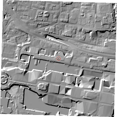 Shaded relief map of the ground around E144ED, computed from Environment Agency LiDAR. The ground here sits at about 6 m above sea level and falls 19 m across the surrounding 800 m. Surface water reaching this point runs off ground lying to the south, 0.5 m higher.