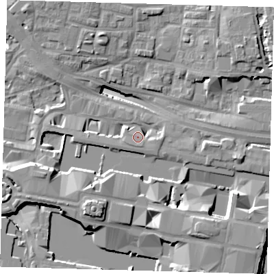Shaded relief map of the ground around E144EF, computed from Environment Agency LiDAR. The ground here sits at about 5 m above sea level and falls 19 m across the surrounding 800 m. Surface water reaching this point runs off ground lying to the south, 5.0 m higher.