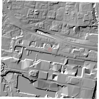 Shaded relief map of the ground around E144EG, computed from Environment Agency LiDAR. The ground here sits at about 5 m above sea level and falls 19 m across the surrounding 800 m. Surface water reaching this point runs off ground lying to the south-south-west, 0.8 m higher.