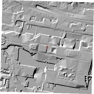 Shaded relief map of the ground around E144EU, computed from Environment Agency LiDAR. The ground here sits at about 9 m above sea level and falls 19 m across the surrounding 800 m. Surface water reaching this point runs off ground lying to the west, 5.0 m higher.