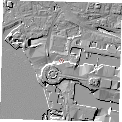 Shaded relief map of the ground around E144HA, computed from Environment Agency LiDAR. The ground here sits at about 4 m above sea level and falls 19 m across the surrounding 800 m. Surface water reaching this point runs off ground lying to the east-south-east, 8.6 m higher.
