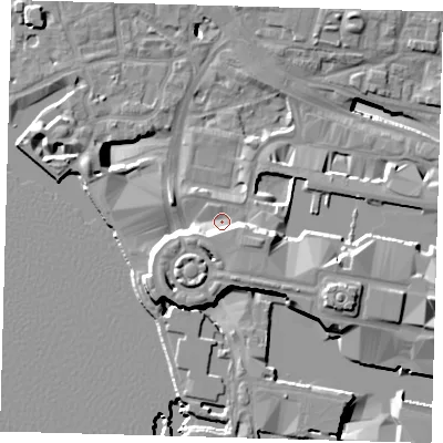 Shaded relief map of the ground around E144HR, computed from Environment Agency LiDAR. The ground here sits at about 4 m above sea level and falls 19 m across the surrounding 800 m. Surface water reaching this point runs off ground lying to the east-south-east, 8.6 m higher.