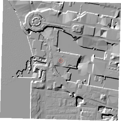 Shaded relief map of the ground around E144SG, computed from Environment Agency LiDAR. The ground here sits at about 5 m above sea level and falls 21 m across the surrounding 800 m. Surface water reaching this point runs off ground lying to the north-north-east, 2.0 m higher.