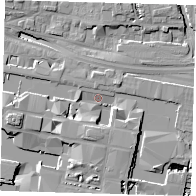 Shaded relief map of the ground around E145AR, computed from Environment Agency LiDAR. The ground here sits at about 3 m above sea level and falls 19 m across the surrounding 800 m. Surface water reaching this point runs off ground lying to the south-east, 10.7 m higher.