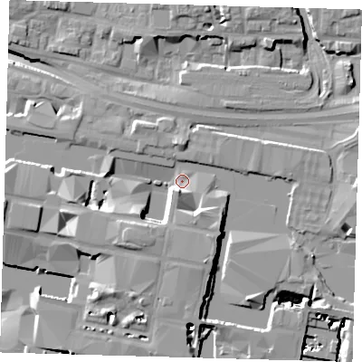 Shaded relief map of the ground around E145AS, computed from Environment Agency LiDAR. The ground here sits at about 4 m above sea level and falls 17 m across the surrounding 800 m. Surface water reaching this point runs off ground lying to the south-south-east, 15.1 m higher.