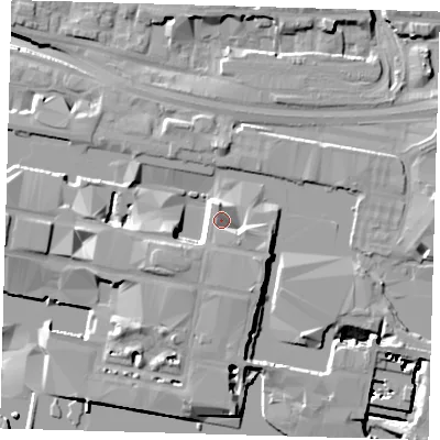 Shaded relief map of the ground around E145FU, computed from Environment Agency LiDAR. The ground here sits at about 10 m above sea level and falls 17 m across the surrounding 800 m. Surface water reaching this point runs off ground lying to the south-south-west, 3.1 m higher.
