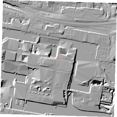 Shaded relief map of the ground around E145GT, computed from Environment Agency LiDAR. The ground here sits at about 11 m above sea level and falls 18 m across the surrounding 800 m. Surface water reaching this point runs off ground lying to the east-south-east, 10.6 m higher.