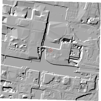 Shaded relief map of the ground around E145GX, computed from Environment Agency LiDAR. The ground here sits at about 7 m above sea level and falls 15 m across the surrounding 800 m. Surface water reaching this point runs off ground lying to the east-north-east, 12.3 m higher.
