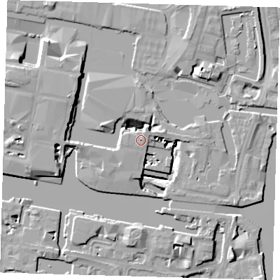 Shaded relief map of the ground around E145GZ, computed from Environment Agency LiDAR. The ground here sits at about 7 m above sea level and falls 15 m across the surrounding 800 m. Surface water reaching this point runs off ground lying to the north-east, 1.3 m higher.