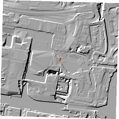 Shaded relief map of the ground around E145HG, computed from Environment Agency LiDAR. The ground here sits at about 5 m above sea level and falls 15 m across the surrounding 800 m. Surface water reaching this point runs off ground lying to the east-north-east, 6.3 m higher.