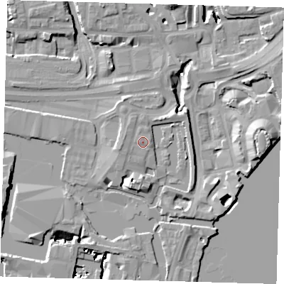 Shaded relief map of the ground around E145SH, computed from Environment Agency LiDAR. The ground here sits at about 6 m above sea level and falls 16 m across the surrounding 800 m. Surface water reaching this point runs off ground lying to the west-south-west, 1.9 m higher.