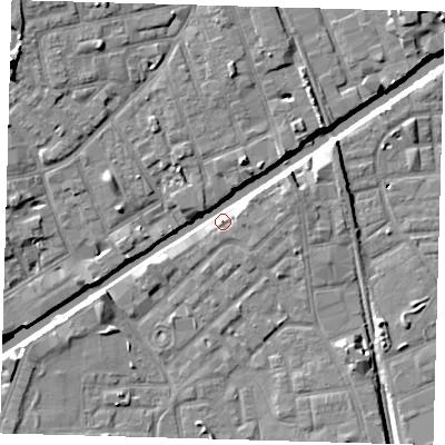 Shaded relief map of the ground around E146BF, computed from Environment Agency LiDAR. The ground here sits at about 6 m above sea level and falls 9 m across the surrounding 800 m. Surface water reaching this point runs off ground lying to the north-east, 5.0 m higher.