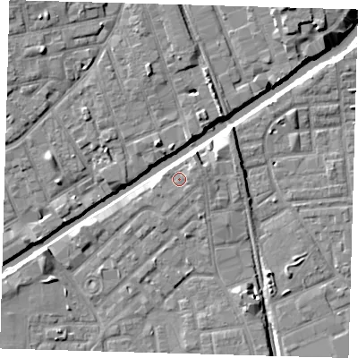 Shaded relief map of the ground around E146BG, computed from Environment Agency LiDAR. The ground here sits at about 6 m above sea level and falls 7 m across the surrounding 800 m. Surface water reaching this point runs off ground lying to the north-east, 1.6 m higher.