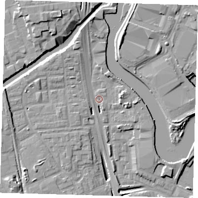 Shaded relief map of the ground around E146FB, computed from Environment Agency LiDAR. The ground here sits at about 4 m above sea level and falls 15 m across the surrounding 800 m. Surface water reaching this point runs off ground lying to the west, 7.7 m higher.