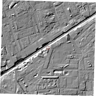 Shaded relief map of the ground around E146JL, computed from Environment Agency LiDAR. The ground here sits at about 6 m above sea level and falls 8 m across the surrounding 800 m. Surface water reaching this point runs off ground lying to the south-west, 4.5 m higher.
