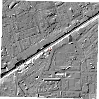 Shaded relief map of the ground around E146JN, computed from Environment Agency LiDAR. The ground here sits at about 7 m above sea level and falls 8 m across the surrounding 800 m. Surface water reaching this point runs off ground lying to the south-west, 4.5 m higher.