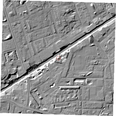 Shaded relief map of the ground around E146JS, computed from Environment Agency LiDAR. The ground here sits at about 7 m above sea level and falls 8 m across the surrounding 800 m. Surface water reaching this point runs off ground lying to the south-west, 4.5 m higher.