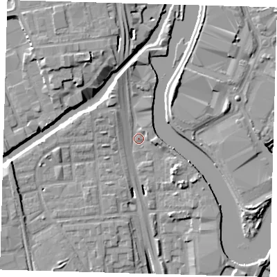 Shaded relief map of the ground around E146RH, computed from Environment Agency LiDAR. The ground here sits at about 4 m above sea level and falls 13 m across the surrounding 800 m. Surface water reaching this point runs off ground lying to the north-north-west, 3.6 m higher.