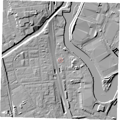 Shaded relief map of the ground around E146RN, computed from Environment Agency LiDAR. The ground here sits at about 4 m above sea level and falls 15 m across the surrounding 800 m. Surface water reaching this point runs off ground lying to the east, 3.3 m higher.
