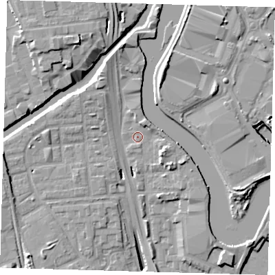 Shaded relief map of the ground around E146RP, computed from Environment Agency LiDAR. The ground here sits at about 4 m above sea level and falls 15 m across the surrounding 800 m. Surface water reaching this point runs off ground lying to the east-south-east, 3.3 m higher.