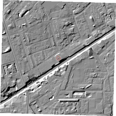 Shaded relief map of the ground around E147BN, computed from Environment Agency LiDAR. The ground here sits at about 7 m above sea level and falls 8 m across the surrounding 800 m. The ground contributing surface water to this point lies to the west-south-west.