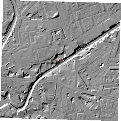 Shaded relief map of the ground around E147DX, computed from Environment Agency LiDAR. The ground here sits at about 4 m above sea level and falls 8 m across the surrounding 800 m. Surface water reaching this point runs off ground lying to the north-north-west, 6.0 m higher.
