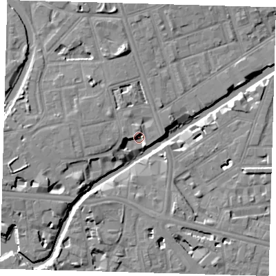 Shaded relief map of the ground around E147FE, computed from Environment Agency LiDAR. The ground here sits at about 7 m above sea level and falls 8 m across the surrounding 800 m. Surface water reaching this point runs off ground lying to the west-north-west, 4.3 m higher.