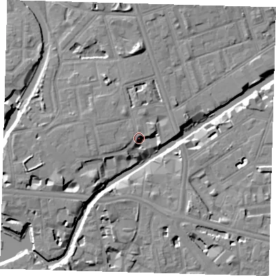 Shaded relief map of the ground around E147FF, computed from Environment Agency LiDAR. The ground here sits at about 8 m above sea level and falls 8 m across the surrounding 800 m. Surface water reaching this point runs off ground lying to the north-west, 1.1 m higher.