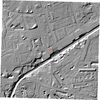 Shaded relief map of the ground around E147GA, computed from Environment Agency LiDAR. The ground here sits at about 7 m above sea level and falls 8 m across the surrounding 800 m. Surface water reaching this point runs off ground lying to the north-north-west, 5.0 m higher.