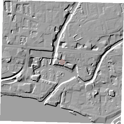 Shaded relief map of the ground around E147JA, computed from Environment Agency LiDAR. The ground here sits at about 7 m above sea level and falls 12 m across the surrounding 800 m. Surface water reaching this point runs off ground lying to the north, 5.4 m higher.